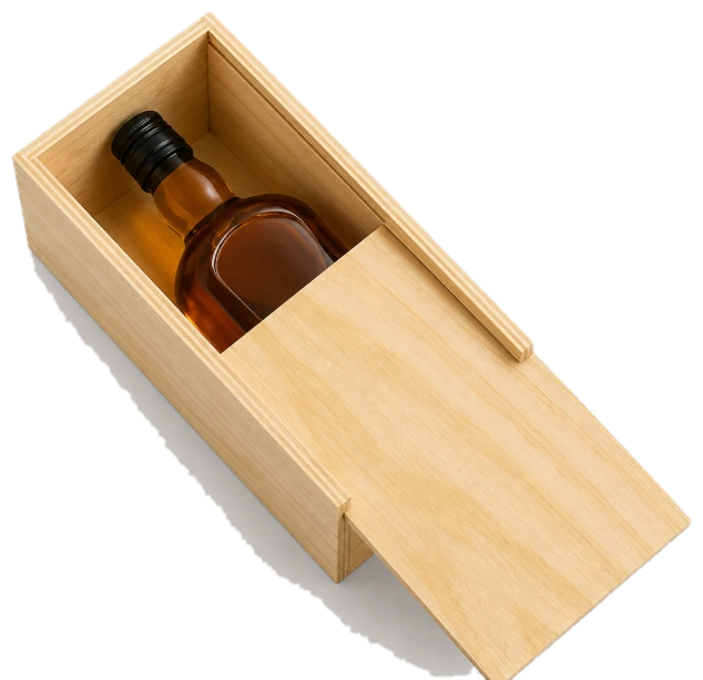 Caja de pino con tapa deslizable, abierta a la mitad, con una botella adentro